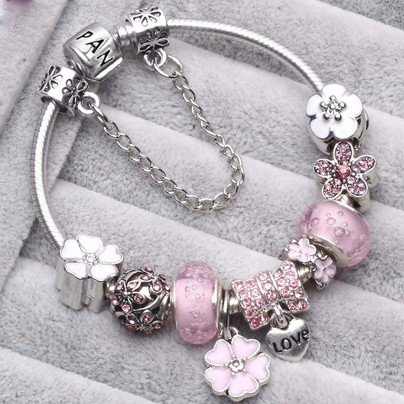 Vòng Tay Pandora Charm Hoa Mạ Bạc 925 Kèm Túi Nhung