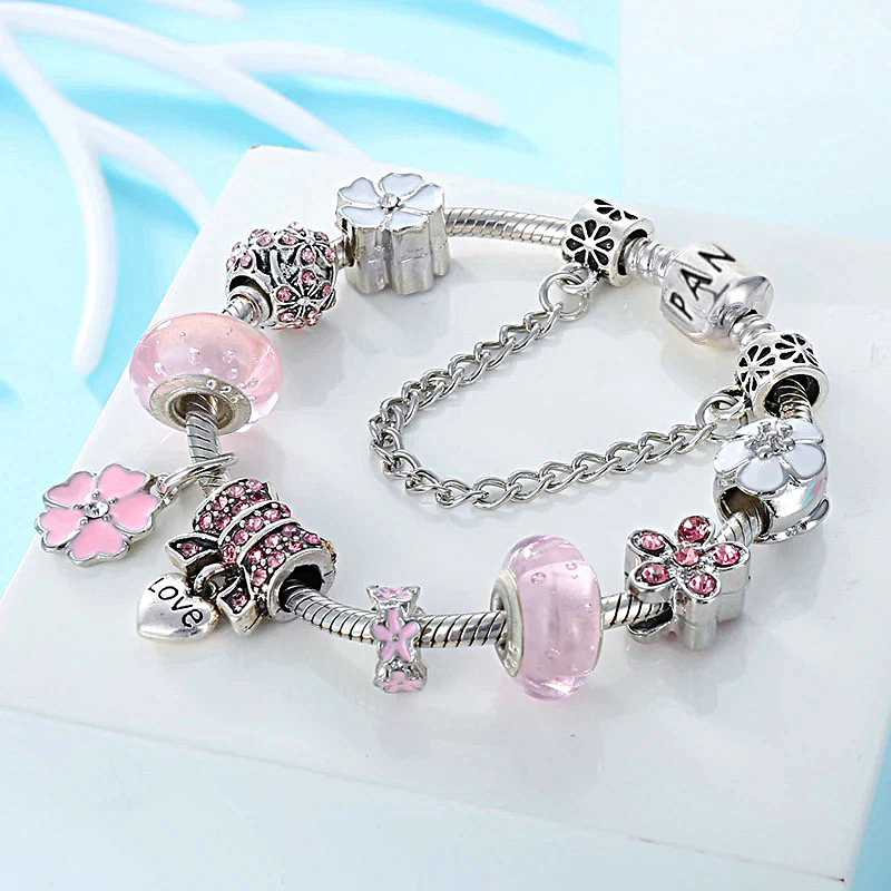 Vòng Tay Pandora Charm Hoa Mạ Bạc 925 Kèm Túi Nhung