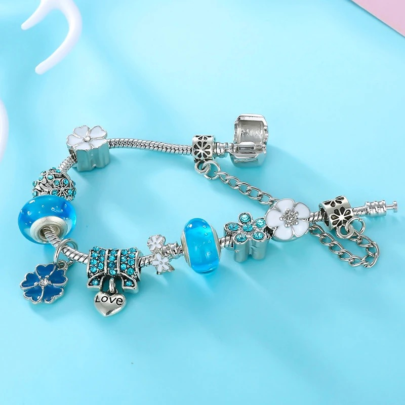Vòng Tay Pandora Charm Hoa Mạ Bạc 925 Kèm Túi Nhung