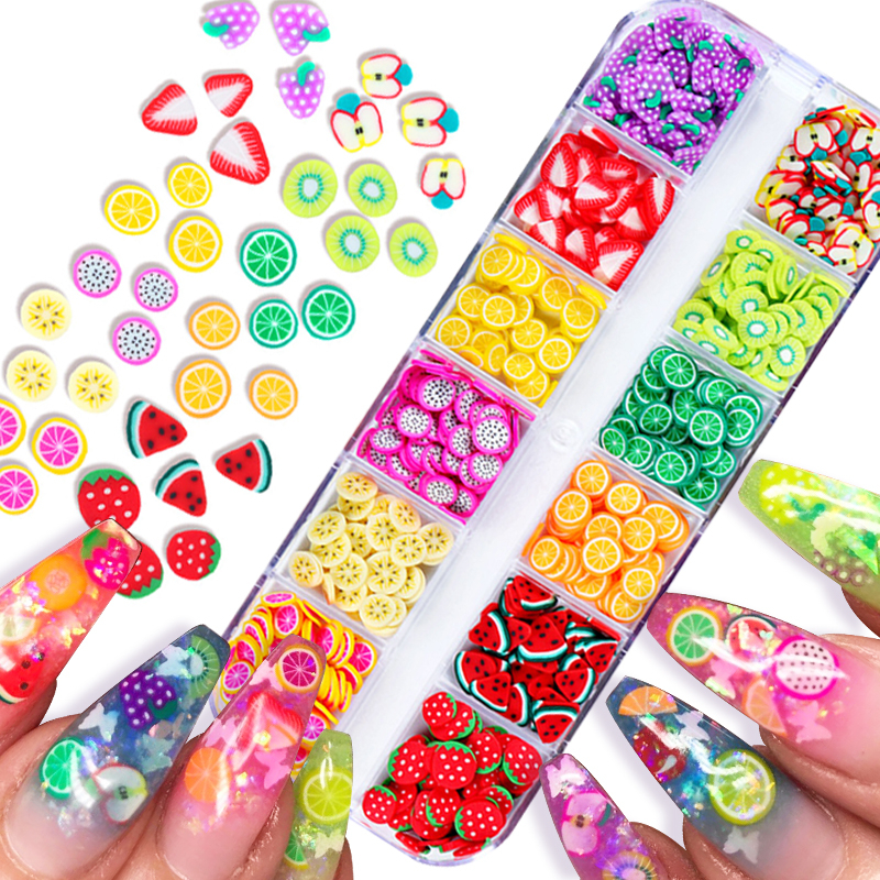 UR SUGAR Hộp Kim Tuyến 12 Ngăn Trang Trí Móng Tay Họa Tiết Trái Cây Mùa Hè 3D