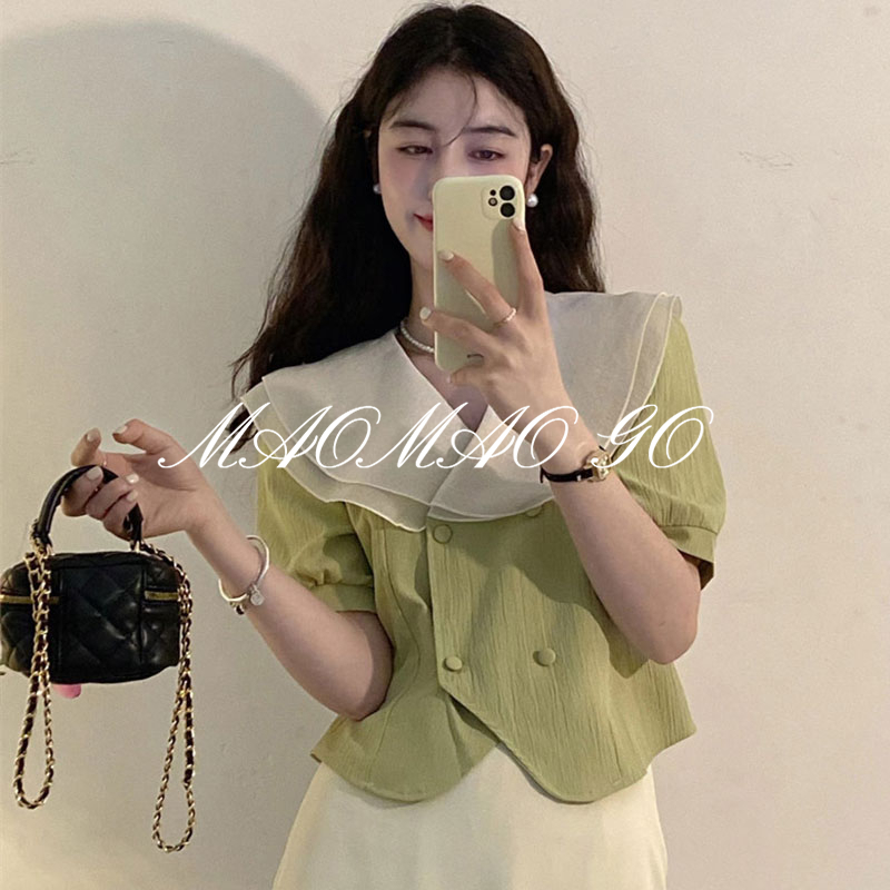 Maomao GO Áo Sơ Mi Ngắn Tay Phối Bèo Phong Cách Hàn Quốc Cho Nữ