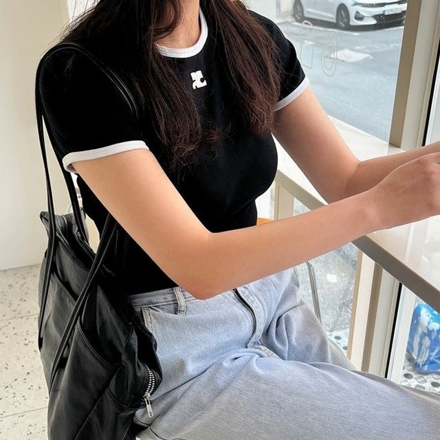 Blackpink Jennie Áo Thun Cotton Tay Ngắn Cổ Tròn Phối Màu Tương Phản Phong Cách Hàn Quốc