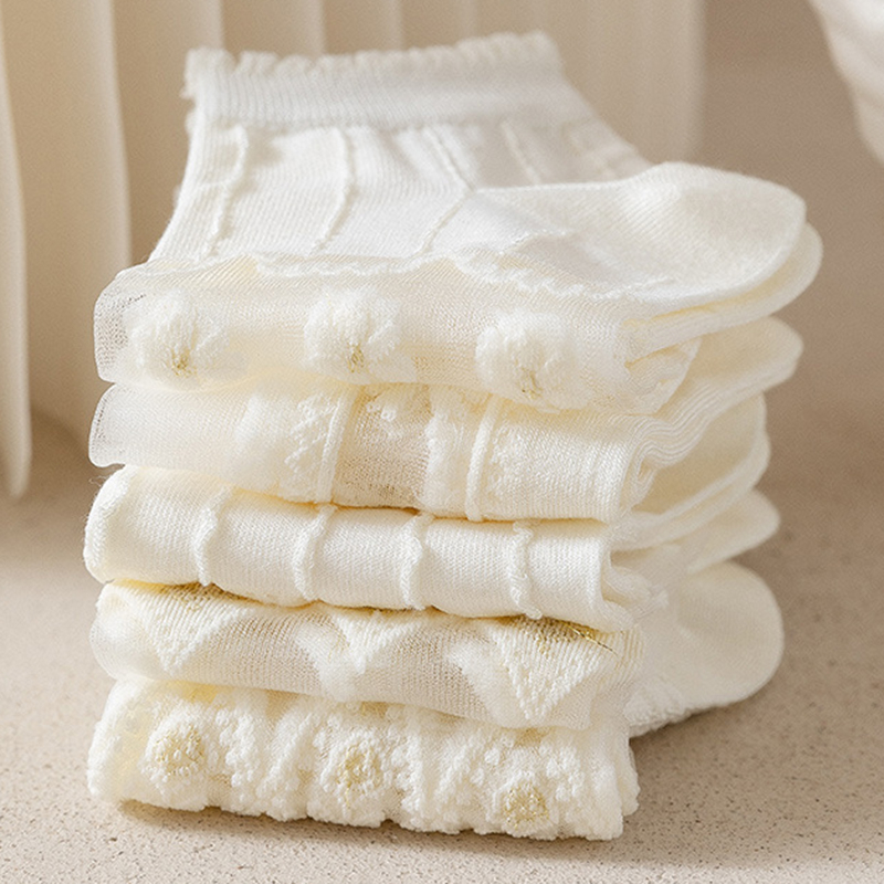 Set 5 Đôi Vớ Cổ Thấp Màu Trắng In Họa Tiết Dễ Thương Thời Trang Mùa Hè Cho Nữ