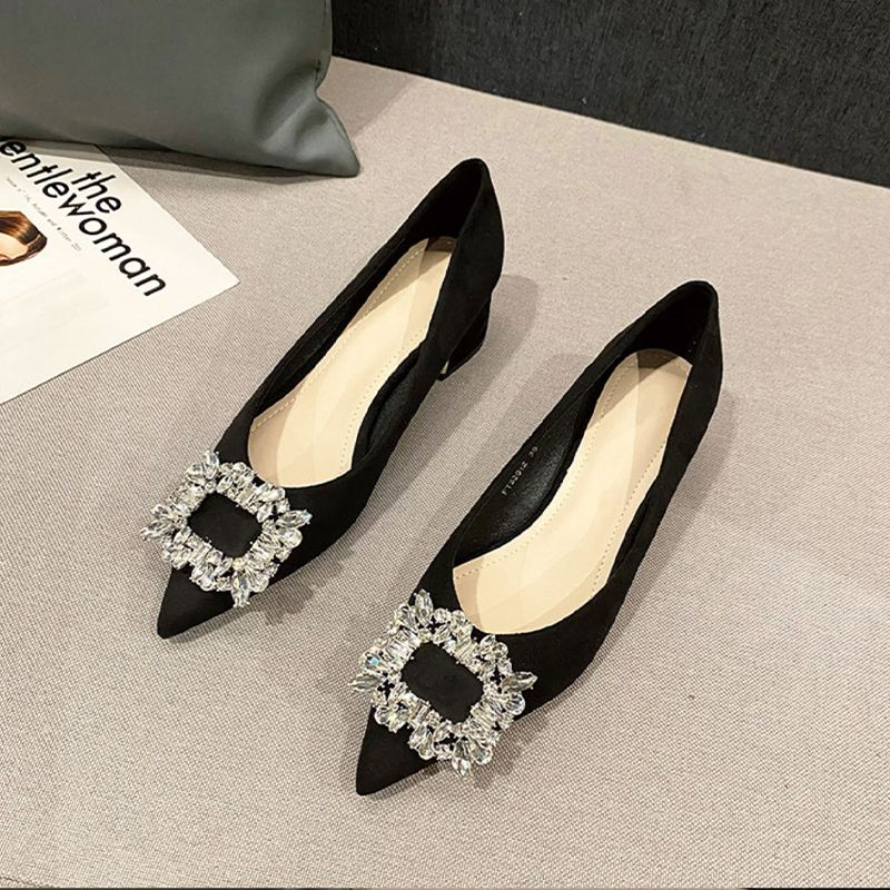 Giày Cao Gót 3Cm Da Lộn Mũi Nhọn Cài Khóa Đính Đá Hình Bông Tuyết Dễ Thương Cho Nữ Size 33-42