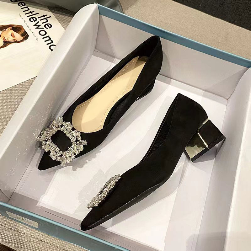 Giày Cao Gót 3Cm Da Lộn Mũi Nhọn Cài Khóa Đính Đá Hình Bông Tuyết Dễ Thương Cho Nữ Size 33-42