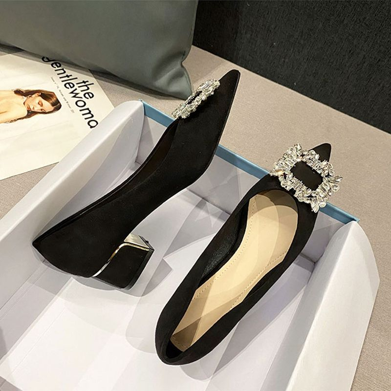 Giày Cao Gót 3Cm Da Lộn Mũi Nhọn Cài Khóa Đính Đá Hình Bông Tuyết Dễ Thương Cho Nữ Size 33-42