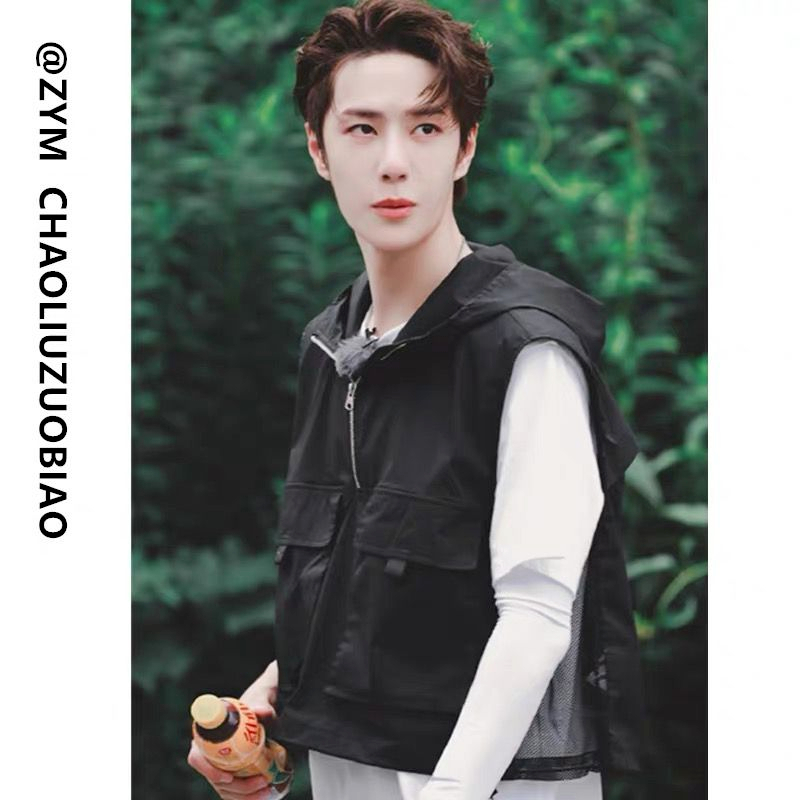 Áo Khoác Đen Không Tay Có Mũ Trùm Đầu Phối Nhiều Túi Phong Cách Đường Phố Cho Nam Và Nữ