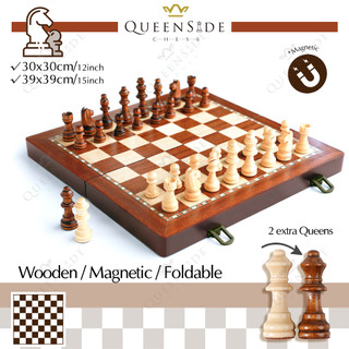 Bộ cờ vua tướng bằng gỗ từ tính queenside với bàn cờ gấp & các quân cờ staunton, 2 quân hậu phụ, di động