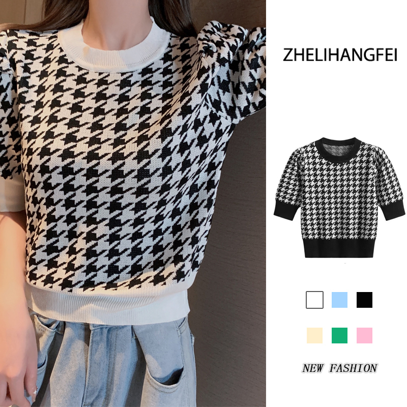 ZHELIHANGFEI Áo Len Tay Ngắn Dáng Rộng Họa Tiết Houndstooth Hợp Thời Trang