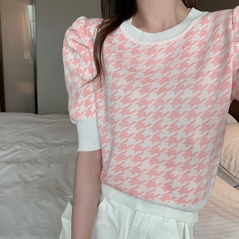 ZHELIHANGFEI Áo Len Tay Ngắn Dáng Rộng Họa Tiết Houndstooth Hợp Thời Trang