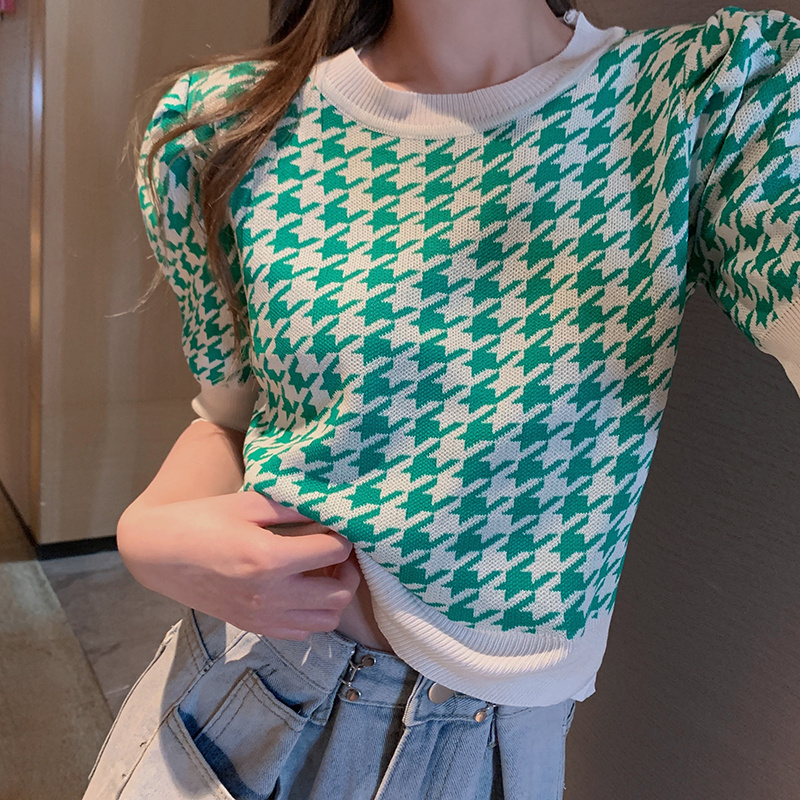 ZHELIHANGFEI Áo Len Tay Ngắn Dáng Rộng Họa Tiết Houndstooth Hợp Thời Trang
