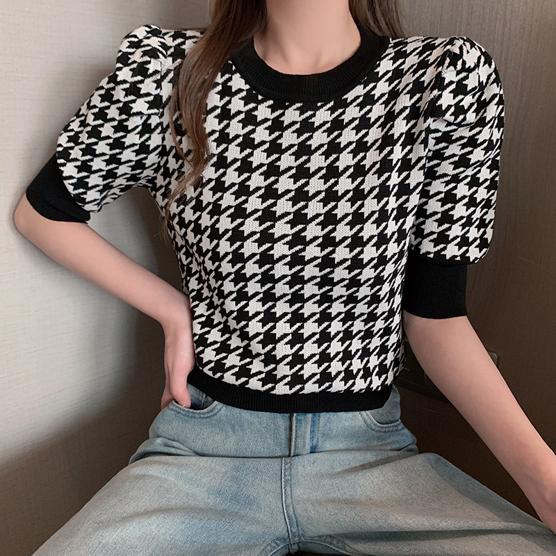 ZHELIHANGFEI Áo Len Tay Ngắn Dáng Rộng Họa Tiết Houndstooth Hợp Thời Trang