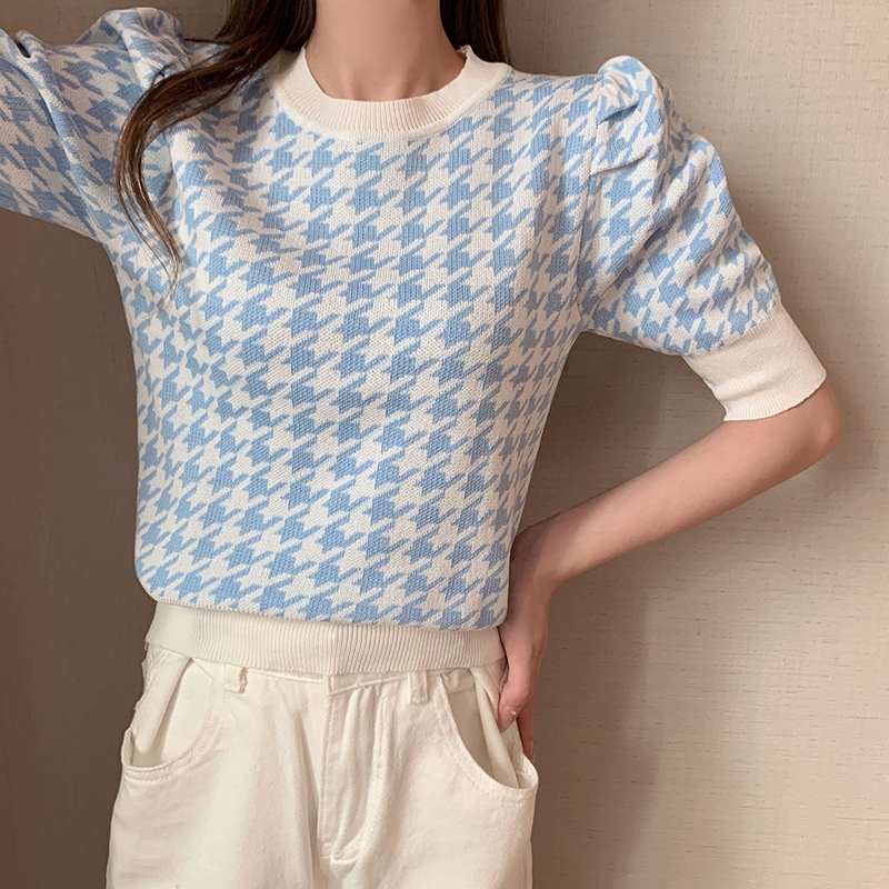 ZHELIHANGFEI Áo Len Tay Ngắn Dáng Rộng Họa Tiết Houndstooth Hợp Thời Trang