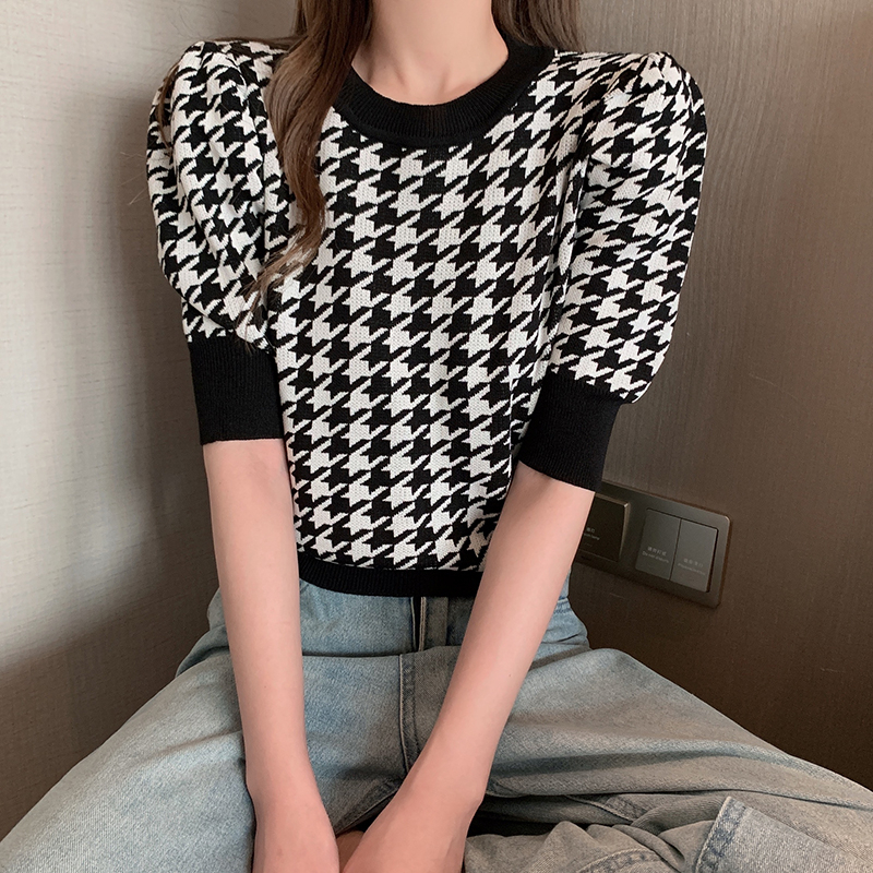 ZHELIHANGFEI Áo Len Tay Ngắn Dáng Rộng Họa Tiết Houndstooth Hợp Thời Trang