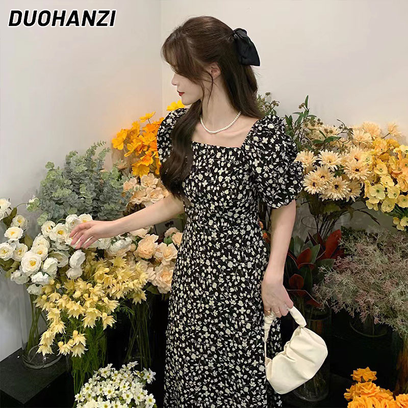 Đầm Dài Cổ Vuông Xẻ Tà In Họa Tiết Hoa Phong Cách Pháp Thời Trang Cao Cấp 2023 Mới