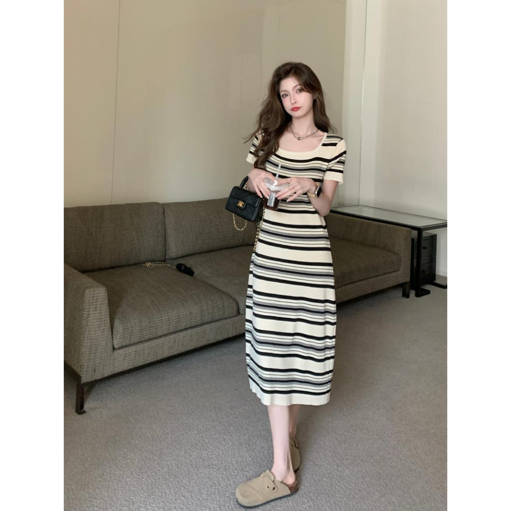 ZHELIHANGFEI Váy dệt kim dệt kim nữ tay ngắn eo gợi cảm váy ôm sát hông ngọt ngào váy dài