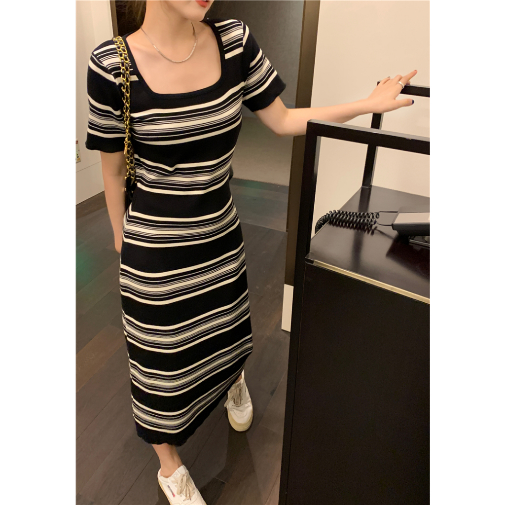 ZHELIHANGFEI Váy dệt kim dệt kim nữ tay ngắn eo gợi cảm váy ôm sát hông ngọt ngào váy dài