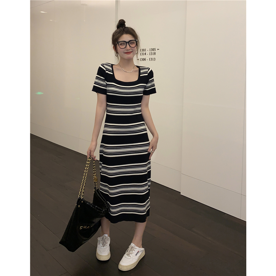 ZHELIHANGFEI Váy dệt kim dệt kim nữ tay ngắn eo gợi cảm váy ôm sát hông ngọt ngào váy dài