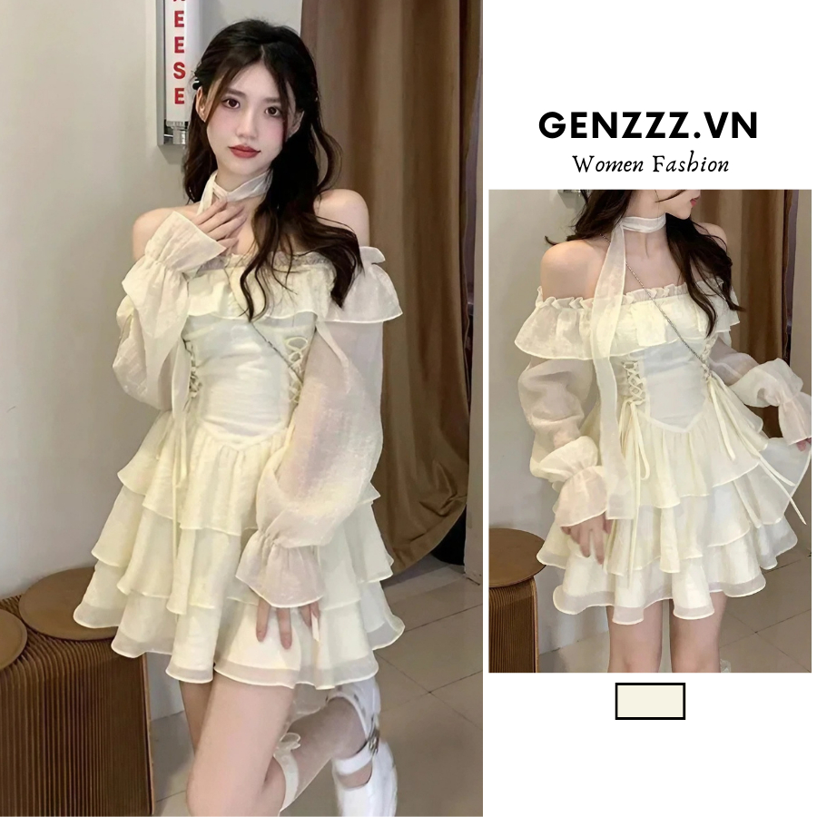 Đầm ngắn xòe 3 tầng công chúa xinh xắn, váy tiểu thư trễ vai, chiết eo, tay voan phồng, phong cách ngọt ngào, dễ thương dành cho nữ