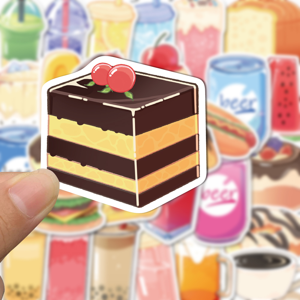 Bộ 50 Miếng Dán Trang Trí Mũ Bảo Hiểm Chống Thấm Nước Hình Thức Ăn Và Nước Uống Hoạt Hình Dễ Thương