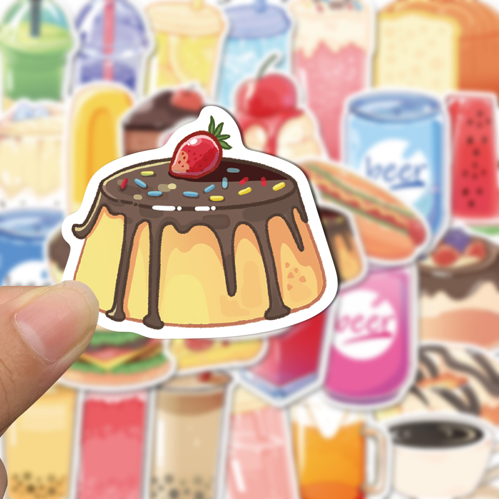 Bộ 50 Miếng Dán Trang Trí Mũ Bảo Hiểm Chống Thấm Nước Hình Thức Ăn Và Nước Uống Hoạt Hình Dễ Thương