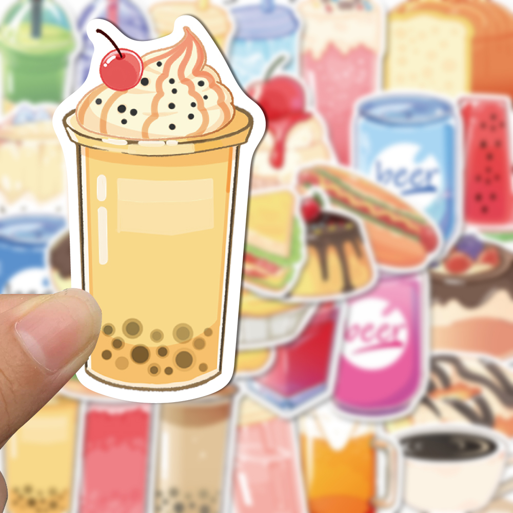 Bộ 50 Miếng Dán Trang Trí Mũ Bảo Hiểm Chống Thấm Nước Hình Thức Ăn Và Nước Uống Hoạt Hình Dễ Thương