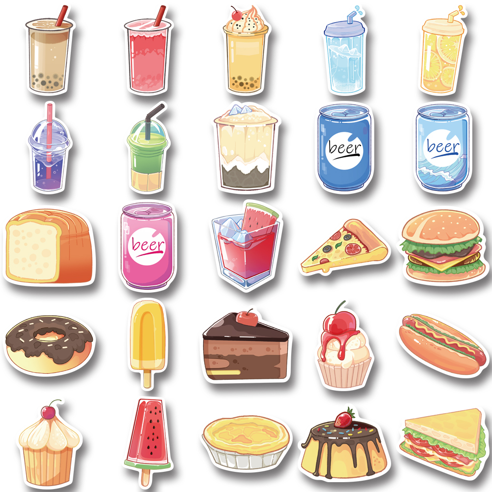 Bộ 50 Miếng Dán Trang Trí Mũ Bảo Hiểm Chống Thấm Nước Hình Thức Ăn Và Nước Uống Hoạt Hình Dễ Thương