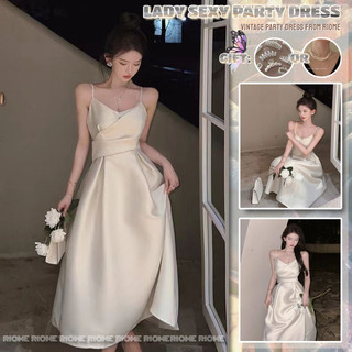 Đầm dự tiệc hai dây vải satin màu trắng nhỏ gọn sang trọng