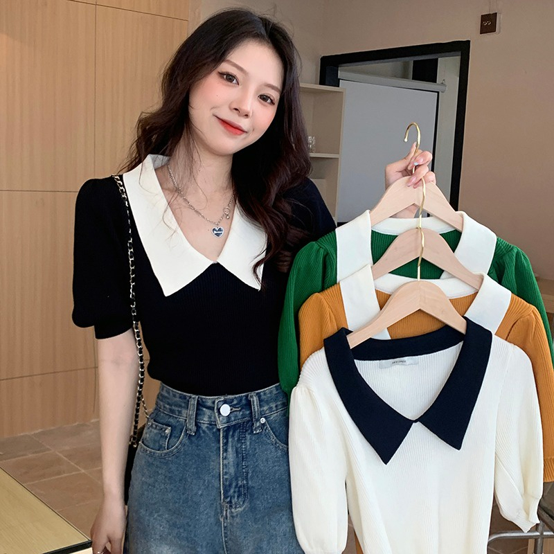 Áo Thun Cổ Polo Dệt Kim Tay Ngắn / Phồng Xinh Xắn Thời Trang