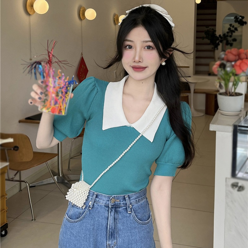 Áo Dệt Kim Tay Phồng Ngắn Thời Trang Retro Xinh Xắn Cho Nữ