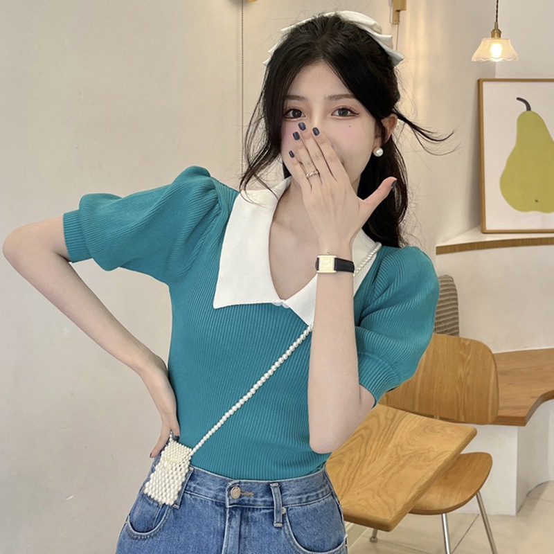 Áo Dệt Kim Tay Phồng Ngắn Thời Trang Retro Xinh Xắn Cho Nữ