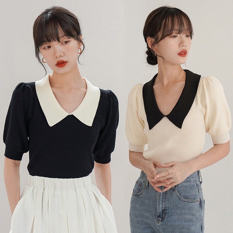 Áo Dệt Kim Tay Phồng Ngắn Thời Trang Retro Xinh Xắn Cho Nữ