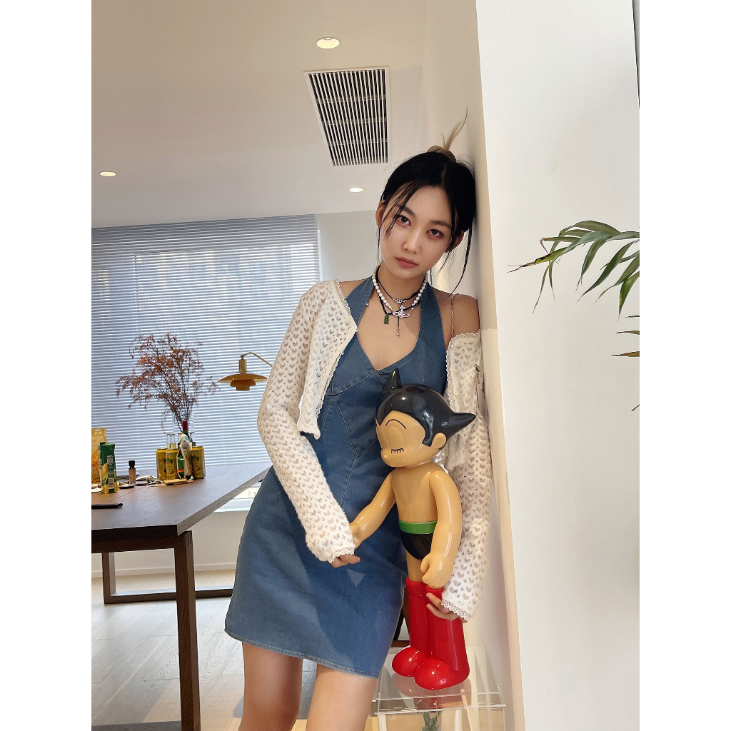 Đầm Denim Hai Dây Màu Trơn Lưng Cao Thời Trang Mùa Hè Cho Nữ