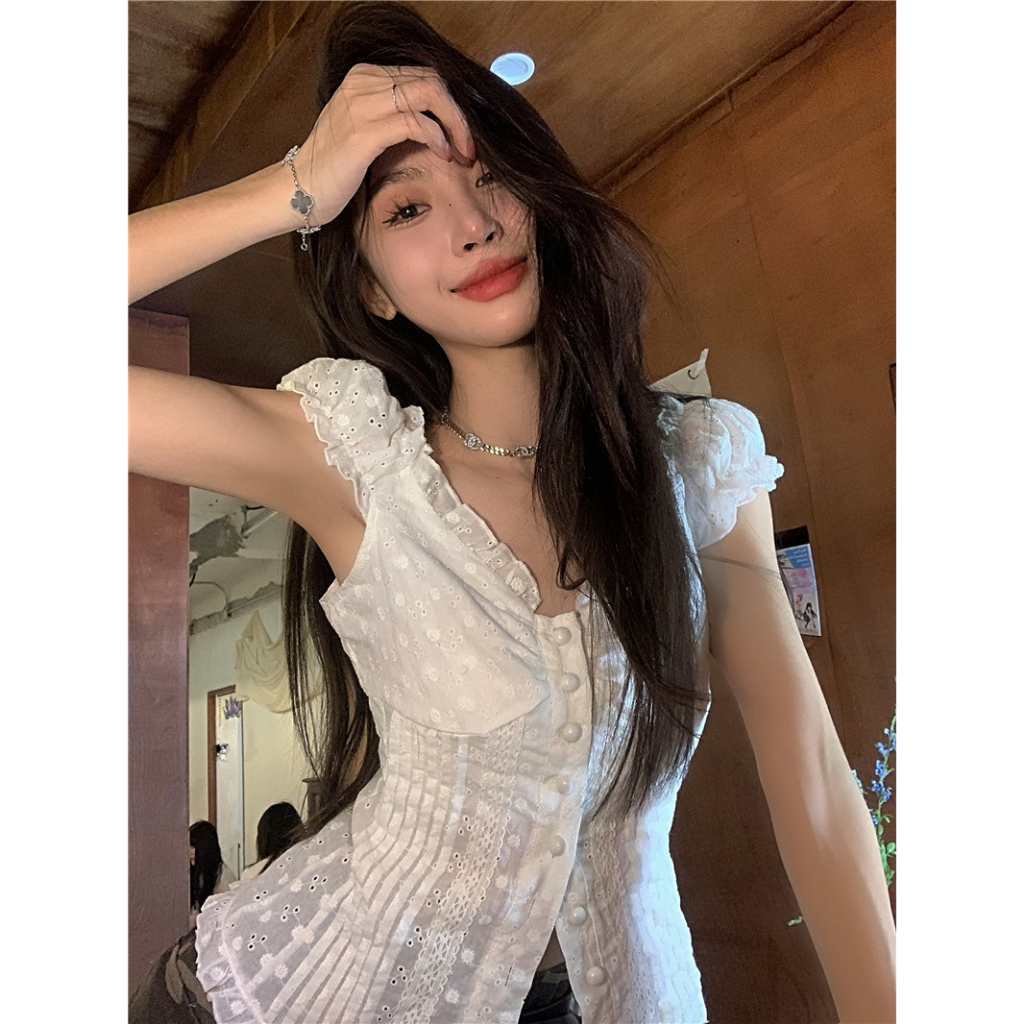 Áo Thun Tay Ngắn Dáng Ôm Phối Ren Xếp Ly Thời Trang Mùa Hè Kiểu Mới Cho Nữ