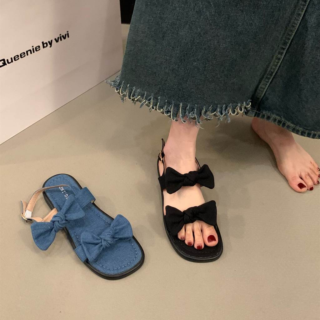 Giày Sandal Đế Bằng Hở Ngón Đính Nơ Thời Trang Mùa Hè Hàn Quốc 2023