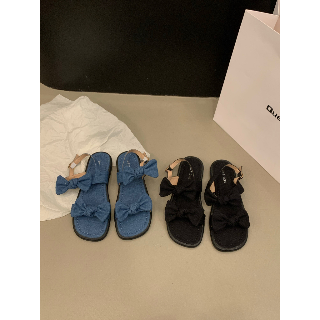 Giày Sandal Đế Bằng Hở Ngón Đính Nơ Thời Trang Mùa Hè Hàn Quốc 2023