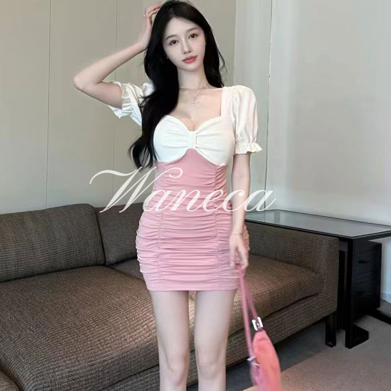Waneca Đầm Ngắn Ôm Dáng Tay Phồng Cổ Chữ v Phối Màu Tương Phản Thời Trang Mùa Hè Quyến Rũ Cho Nữ