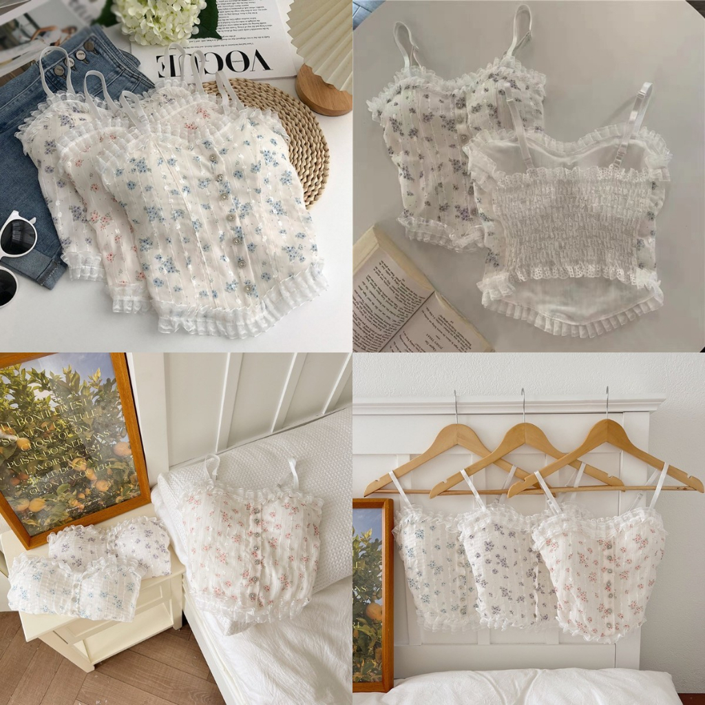 Áo Tank Top Không Tay In Hoa Phối Ren Phong Cách Hàn Quốc Cho Nữ