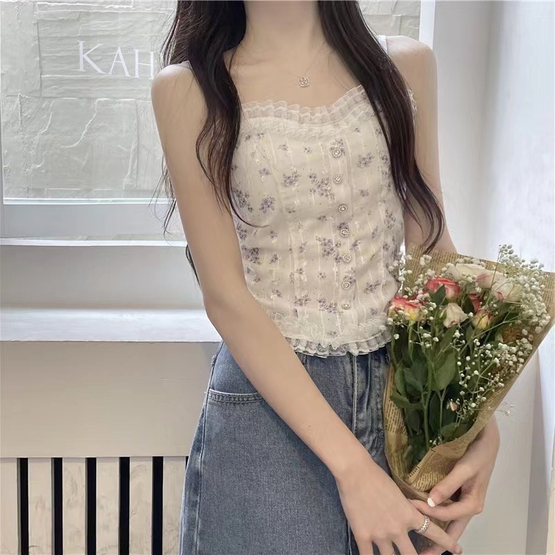 Áo Tank Top Không Tay In Hoa Phối Ren Phong Cách Hàn Quốc Cho Nữ
