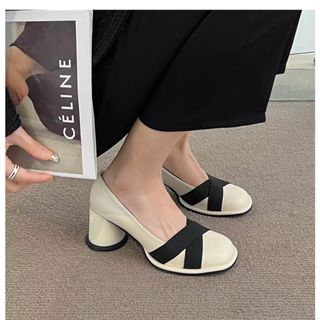 Giày cao gót nữ thời trang trắng / đen / nâu gót dày mới retro đầu tròn miệng nông váy khí chất giày đơn