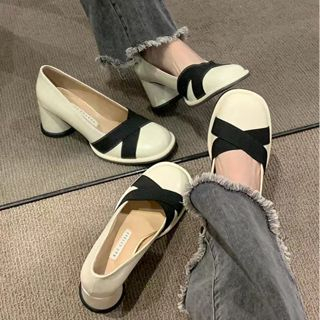 Giày cao gót nữ thời trang trắng / đen / nâu gót dày mới retro đầu tròn miệng nông váy khí chất giày đơn