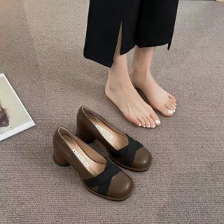 Giày cao gót nữ thời trang trắng / đen / nâu gót dày mới retro đầu tròn miệng nông váy khí chất giày đơn
