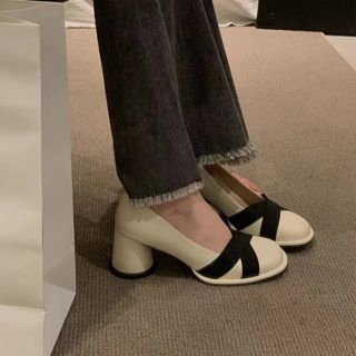 Giày cao gót nữ thời trang trắng / đen / nâu gót dày mới retro đầu tròn miệng nông váy khí chất giày đơn