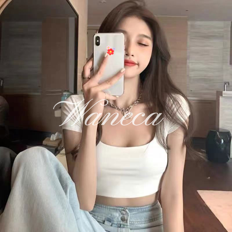 Waneca Áo Thun Nữ Ngắn Tay Cổ Vuông Hở Eo Thời Trang Hàn