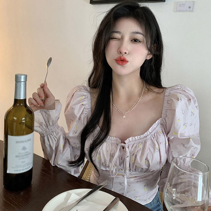 Áo Sơ Mi Tay Phồng Dài In Họa Tiết Hoa Phong Cách Hàn Quốc