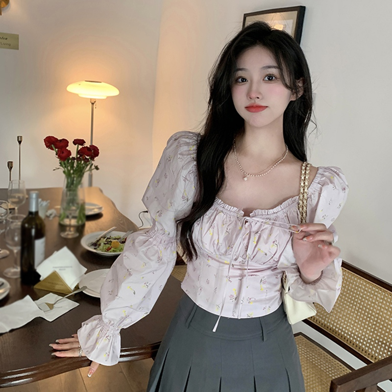 Áo Sơ Mi Tay Phồng Dài In Họa Tiết Hoa Phong Cách Hàn Quốc