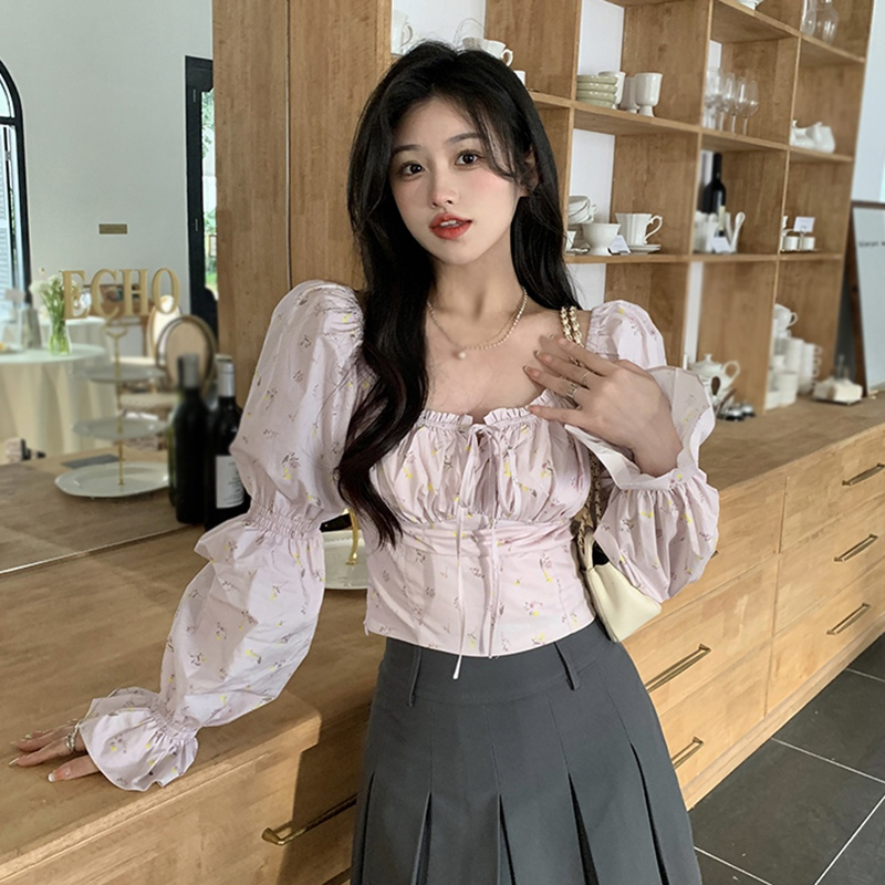 Áo Sơ Mi Tay Phồng Dài In Họa Tiết Hoa Phong Cách Hàn Quốc