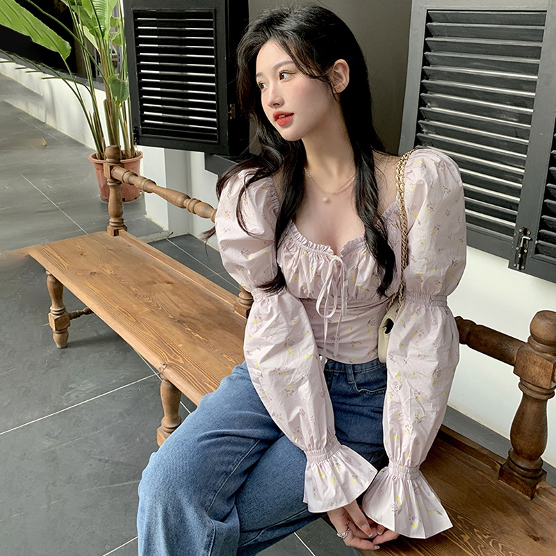 Áo Sơ Mi Tay Phồng Dài In Họa Tiết Hoa Phong Cách Hàn Quốc