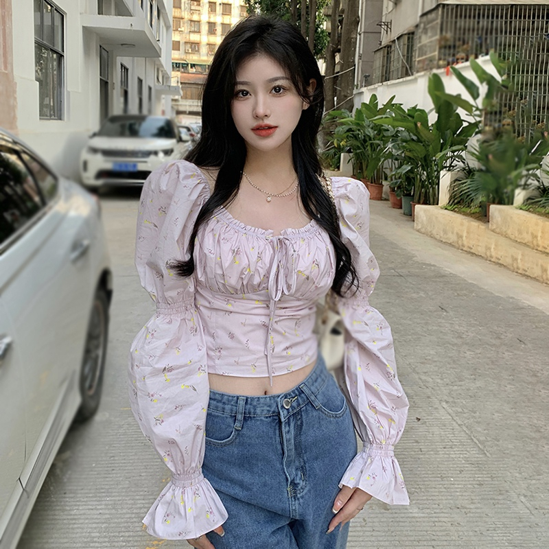 Áo Sơ Mi Tay Phồng Dài In Họa Tiết Hoa Phong Cách Hàn Quốc