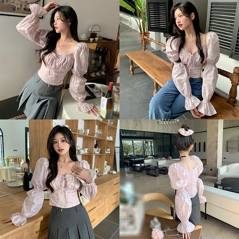 Áo Sơ Mi Tay Phồng Dài In Họa Tiết Hoa Phong Cách Hàn Quốc